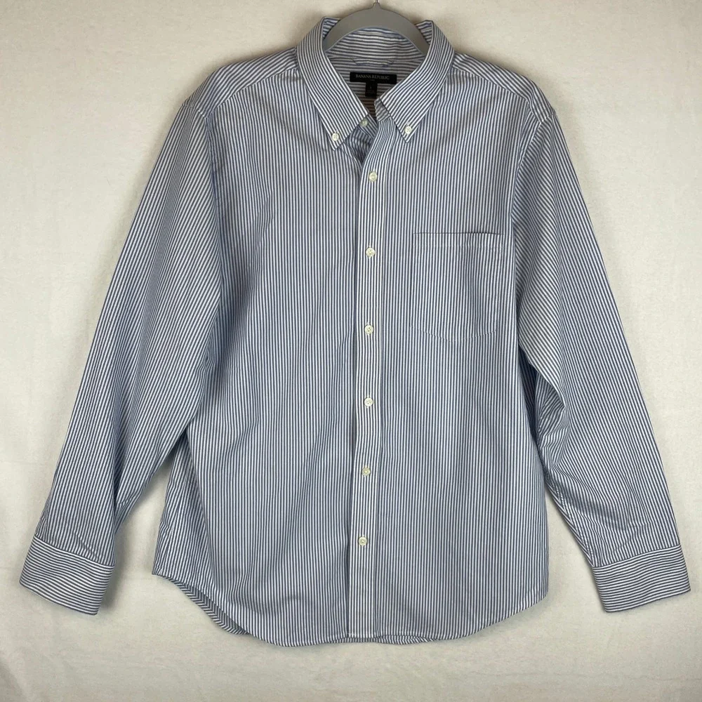 Banana Republic Mens L Blue White Striped‎ Button Down Shirt Long Sleeve Cotton